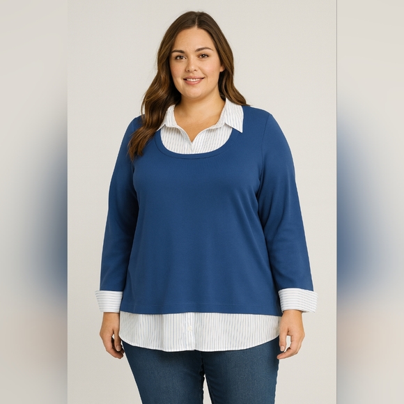 Women’s Layered Look Sweater Shirt Top 18/20W Plus Size – Blue Pullover - Picture 1 of 6